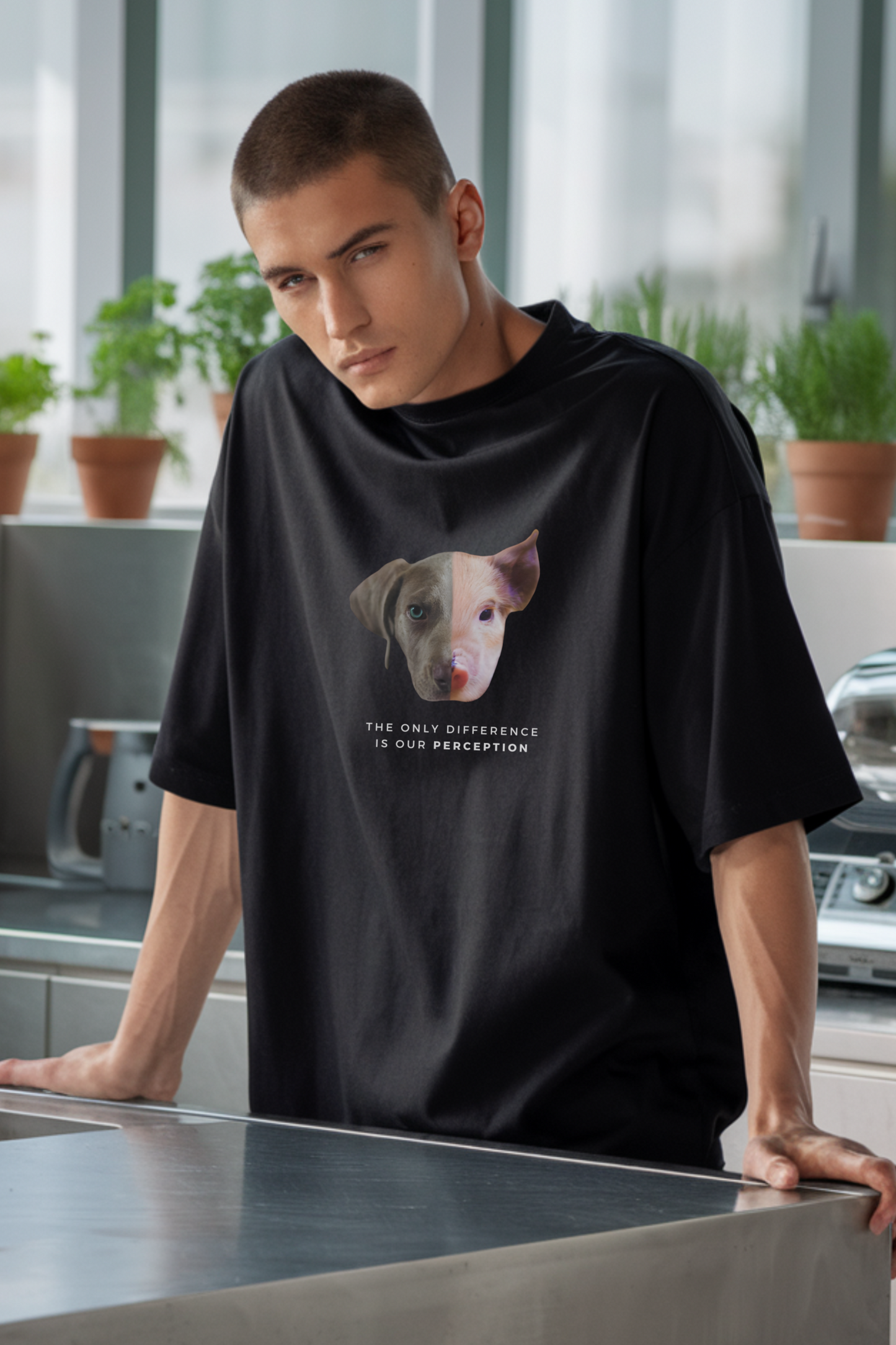 The Only Difference is Perception - Vegan Statement Unisex Oversized T-Shirt